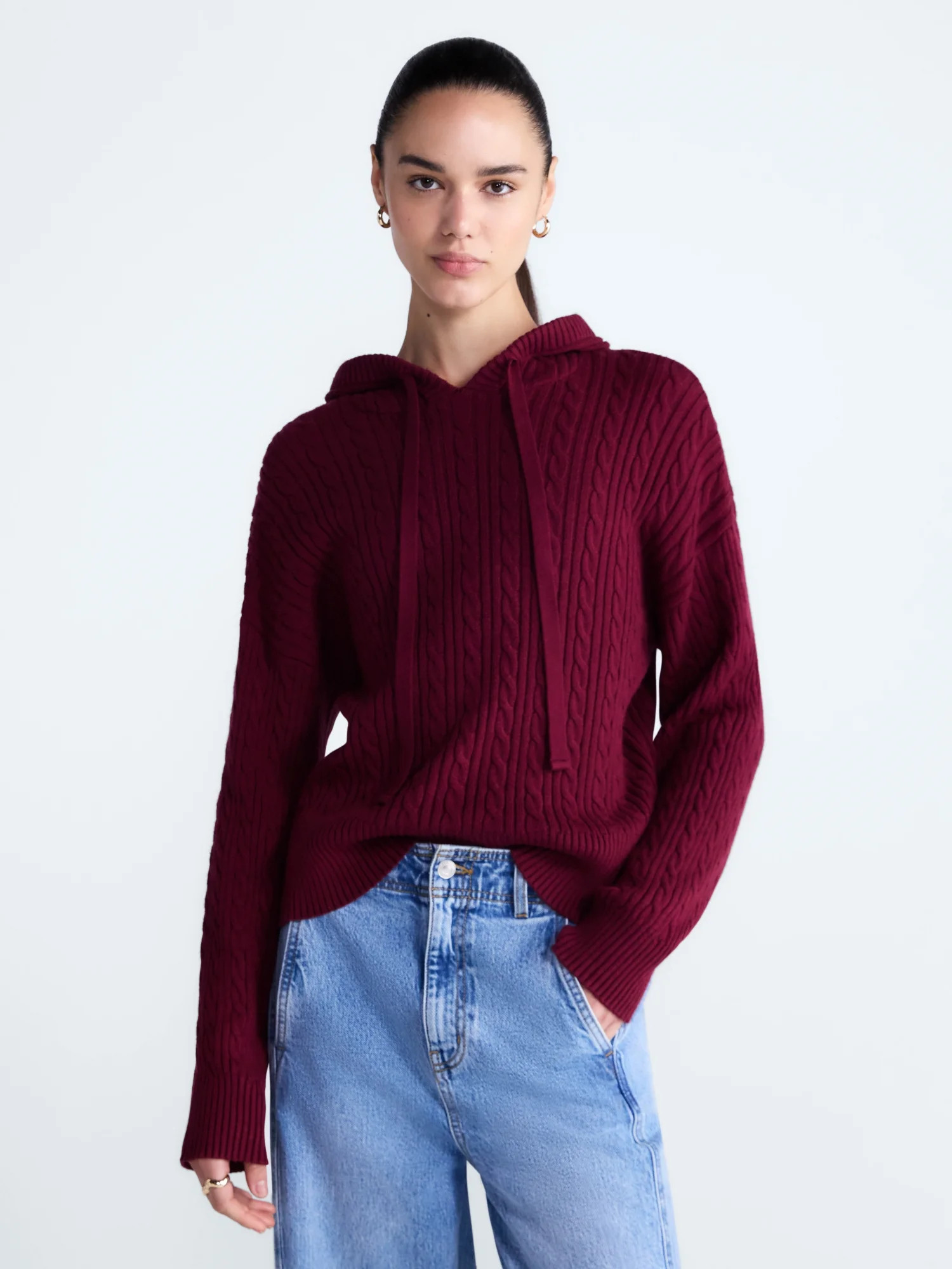 Free Assembly Women's and Women's Plus Cozy Yarn Cable Knit Hoodie Sweater, Midweight, Sizes XS-4X - Walmart.com | Walmart (US)