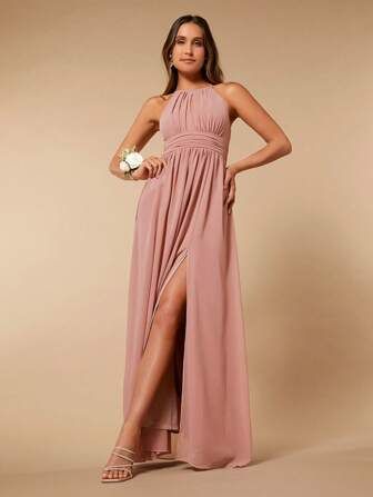 SHEIN Belle Solid Split Thigh Halter Neck Bridesmaid Dress | SHEIN