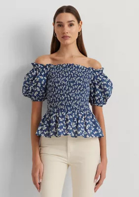 Lauren Ralph Lauren Women's Floral Cotton Voile Peplum Blouse, Blue, XL | Belk