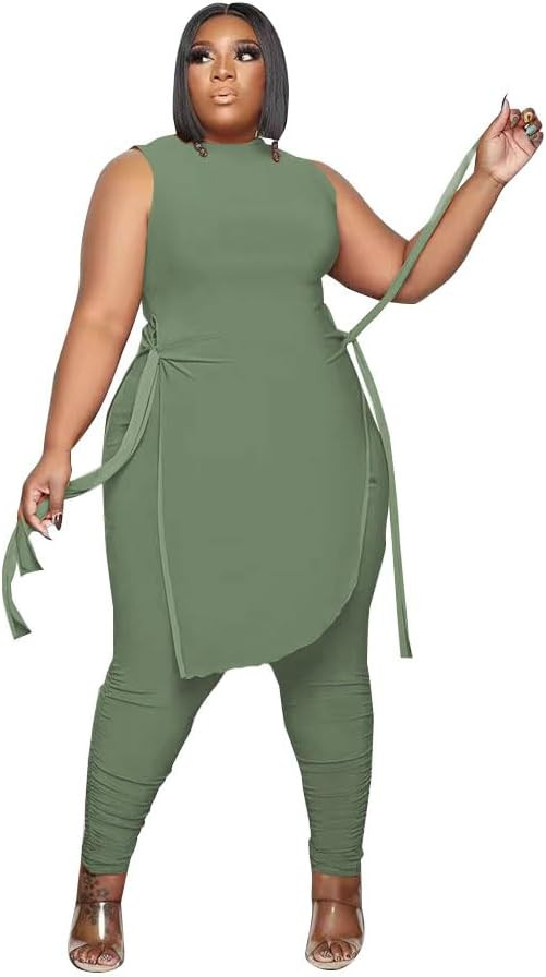 Women Plus Size 2 Piece Outfits Jumpsuit Camouflage Print Sleeveless Slit Tunic Tops Pant Set | Amazon (US)