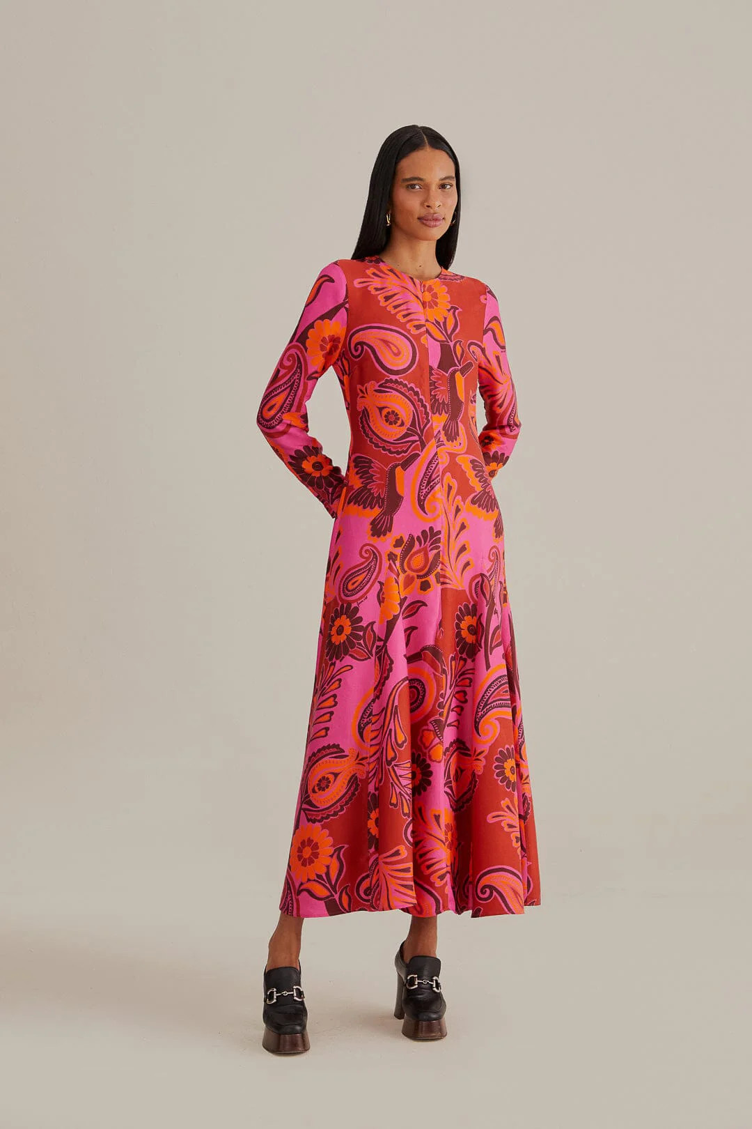 Pink Bold Floral Long Sleeve Maxi Dress | FarmRio (US)