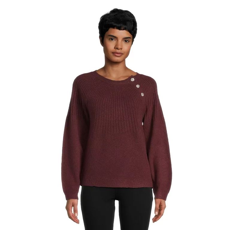 Time and Tru Women's Pullover Sweater with Jewel Like Buttons, Midweight, Sizes S-XXXL | Walmart (US)