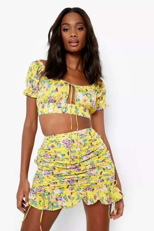 Floral Puff Sleeve Crop & Ruched Mini Skirt | Boohoo.com (US & CA)