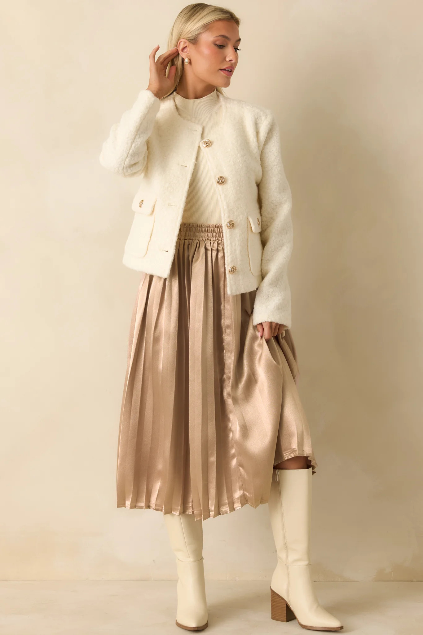 Whispered Warmth Cream Bouclé Button Front Jacket | Red Dress