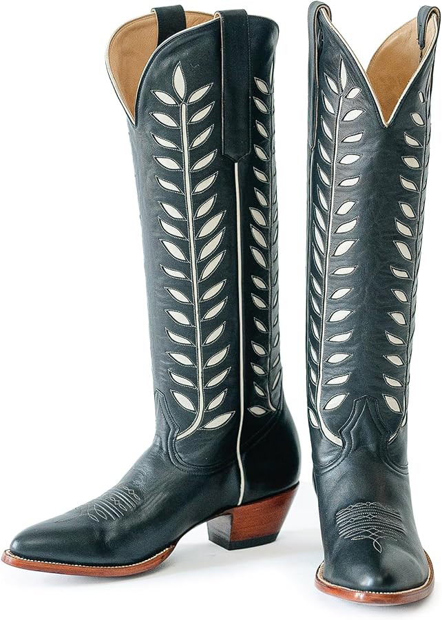 Embroidered Cowboy Boots for Women Almond Round Toe Chunky Heel Cowgirl Boots Pull On Knee High W... | Amazon (US)