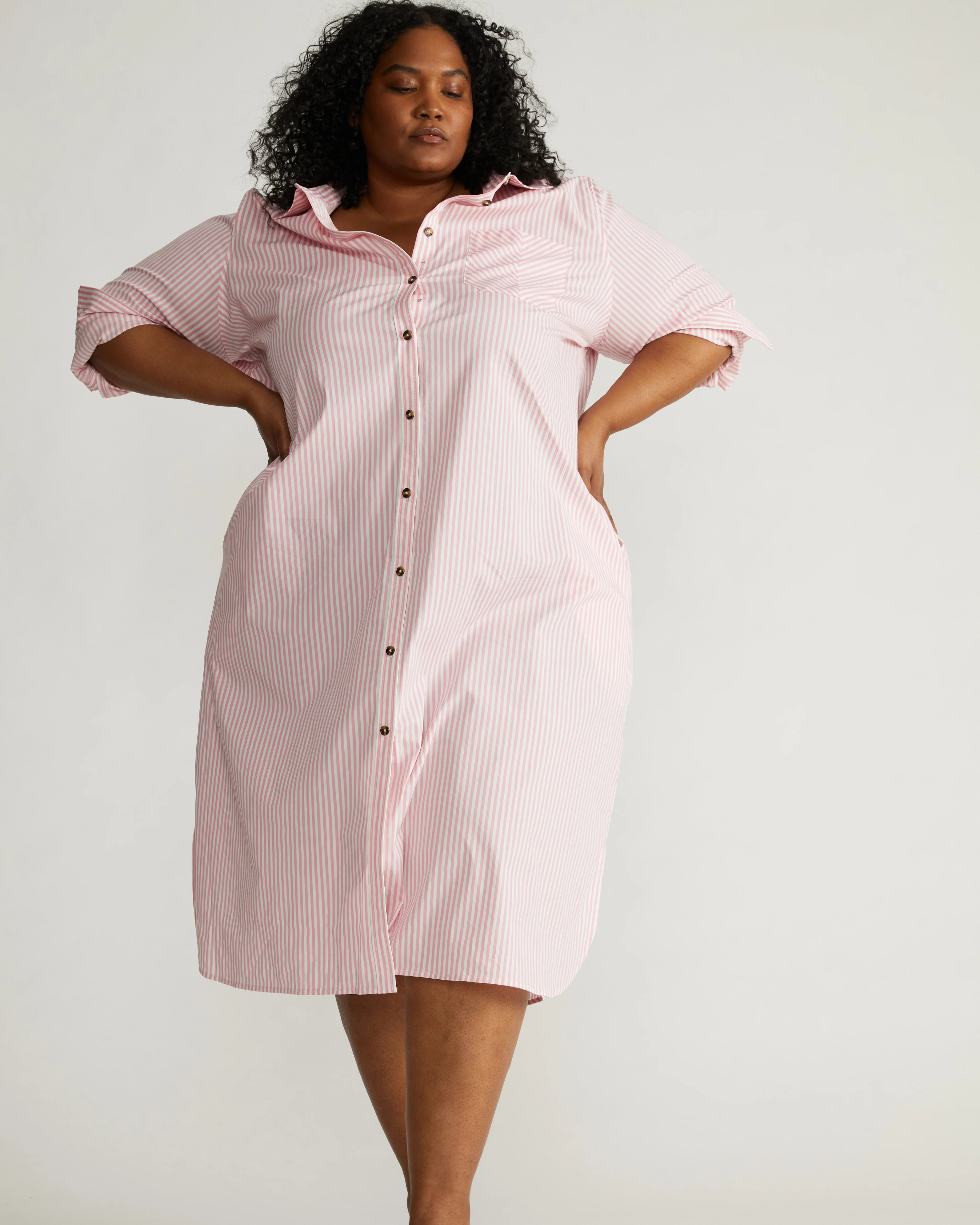 Odeon Stretch Poplin Shirtdress - Pink/White Stripe | Universal Standard