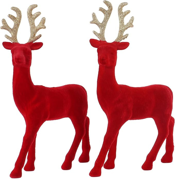 Christmas Reindeer Tabletop 2 Set 12.5" H Red Flocking Standing Deer Decorations, Indoor Decorati... | Amazon (US)