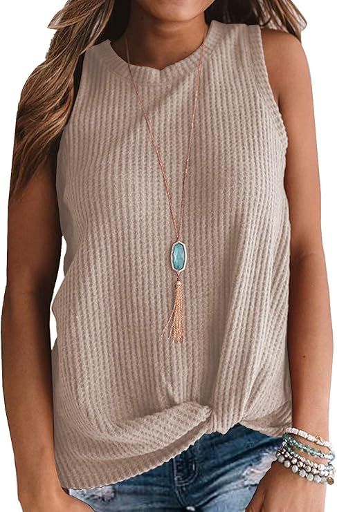 MIHOLL Womens Casual Tops Sleeveless Cute Twist Knot Waffle Knit Shirts Tank Tops | Amazon (US)