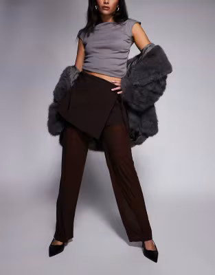 ASOS DESIGN mixed fabric mesh trouser with tie side skirt overlay in chocolate | ASOS (Global)