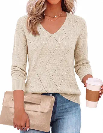 Zeagoo Womens Sweaters Fall 2026 Long Sleeve Knit Pullover V Neck Lightweight Crochet Sweater Top... | Amazon (US)