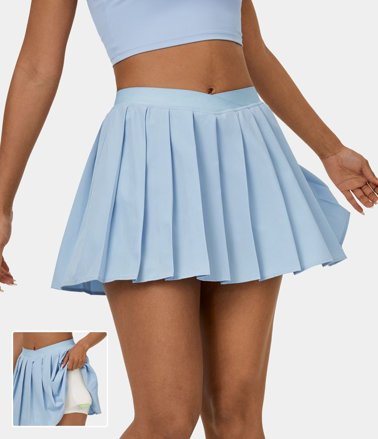 Women’s High Waisted Crossover 2-in-1 Side Pocket Pleated Mini Tennis Skirt - HALARA | HALARA