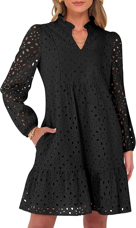 Caracilia Womens Dresses Long Sleeve V Neck Eyelet Hollow Out Fall Casual Flowy Swing Boho Tiered... | Amazon (US)