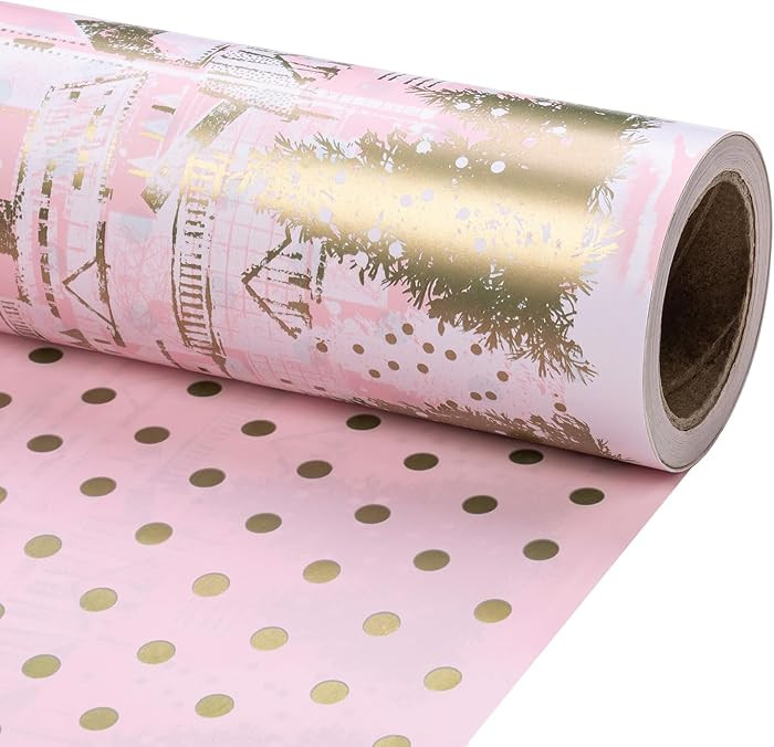 RUSPEPA Reversible Christmas Wrapping Paper Roll, Mini Roll, Pink Gold Winter Landscape with Snow... | Amazon (US)