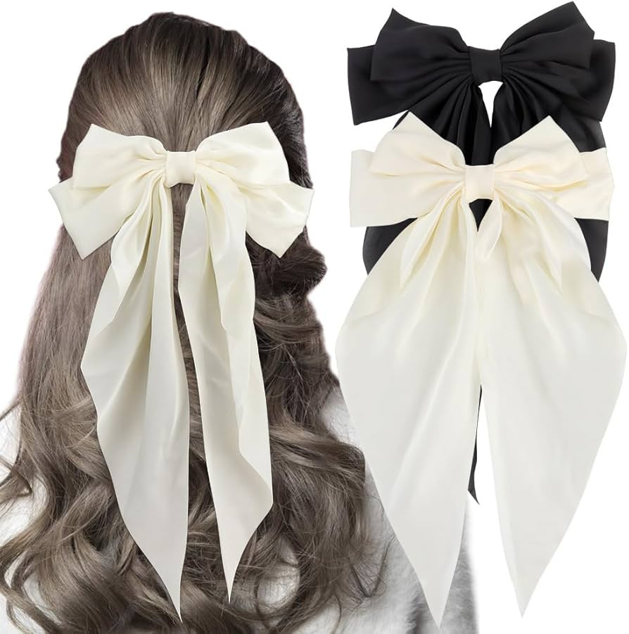 HairBow, 2Pcs White & Black Silky Satin Hair Bow, Large Big Hair Clips for Women | Amazon (US)