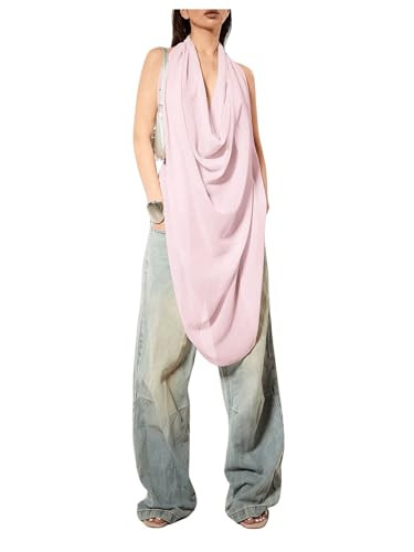 OYOANGLE Women's Backless Cowl Neck Sleeveless Tank Top Draped Front Chiffon Trendy Tops | Amazon (US)