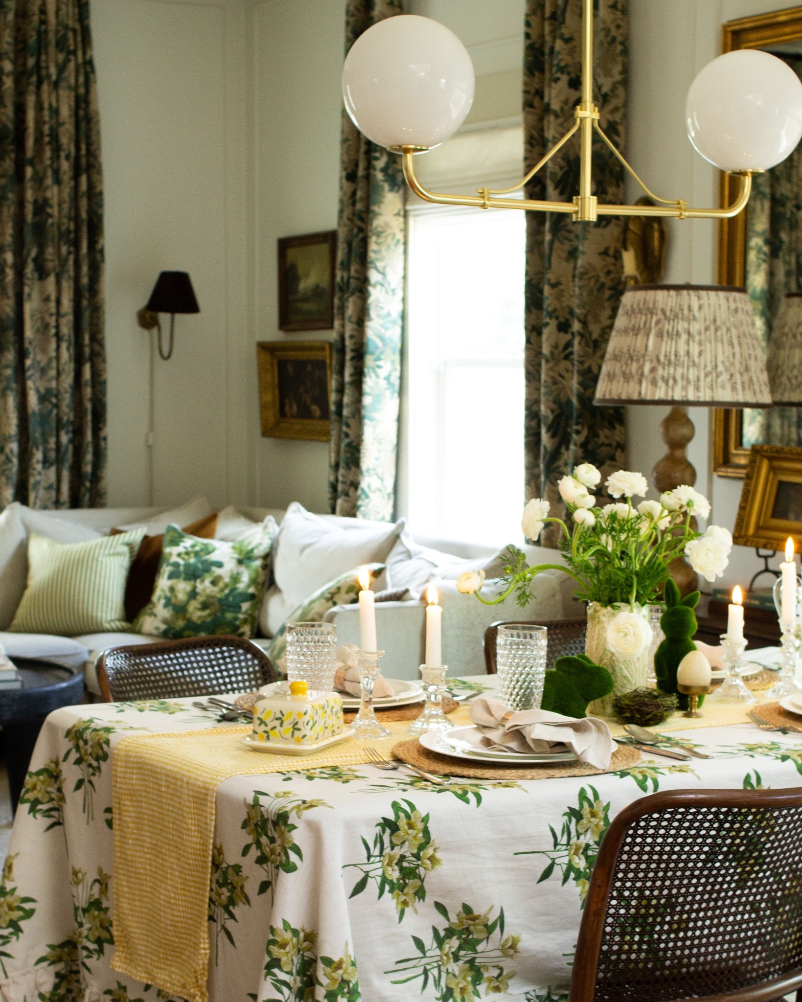 Table scape, floral tablecloth, Easter setting, spring table setting, trellis plates, white bone china, greenrow, rejuvenation, linear chandelier 

#LTKHome #LTKSeasonal