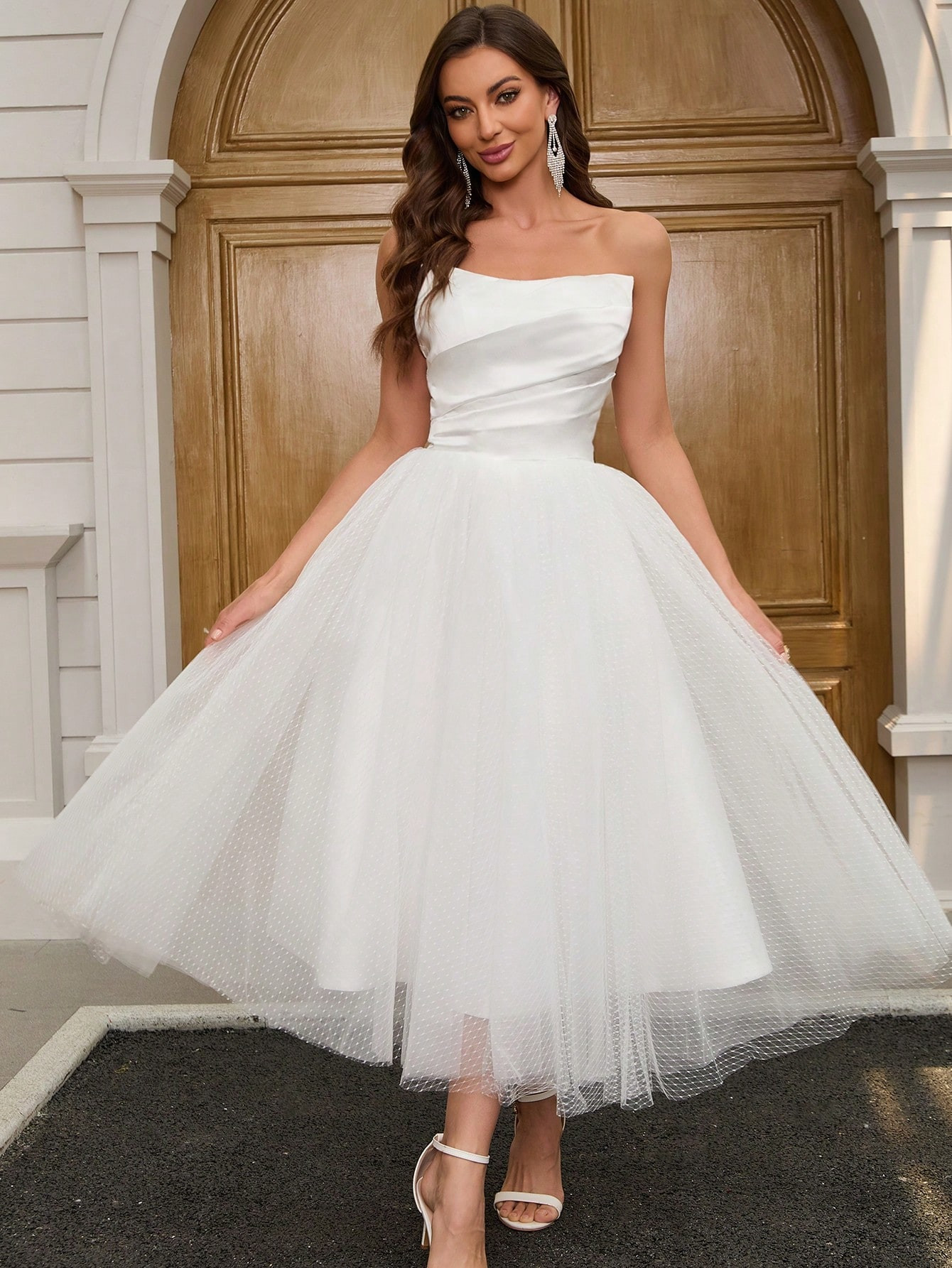 Elegant Solid Color Mesh Patchwork Strapless Wedding Dress | SHEIN