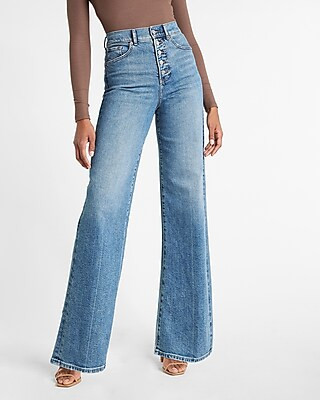 Super High Waisted Medium Wash Button Fly 90s Wide Leg Jeans | Express