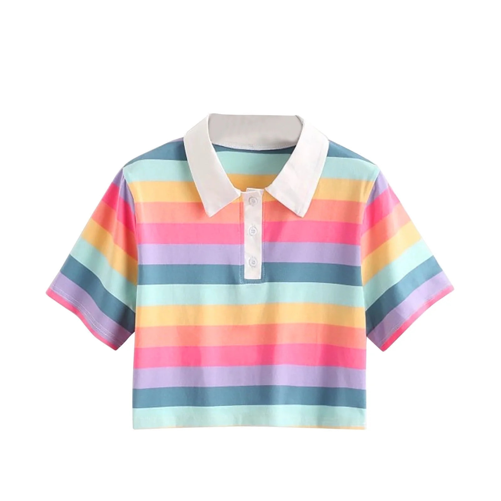 JGGSPWM Rainbow Strip Shirts for Women Preppy Crop Tops Summer Tshirts Short Sleeve Blouse Lapel ... | Walmart (US)