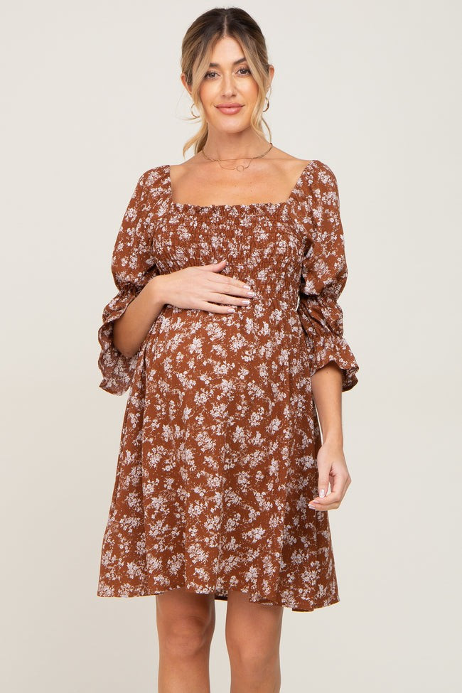 Brown Floral Ruffle Sleeve Smocked Maternity Dress | PinkBlush Maternity