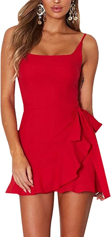 AIMCOO Women's Casual Ruffle Hem Solid Wrap Dress Spaghetti Strap Front Tie Knot Short Dresses | Amazon (US)