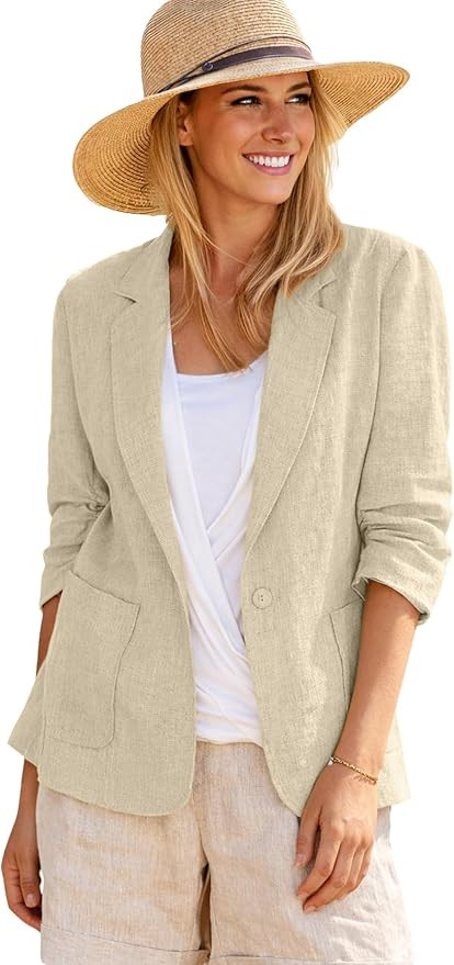 2026 Summer Women’s Linen Blazer Jacket - Lightweight Breathable 3/4 Stretchy Ruched Sleeve Cas... | Amazon (US)