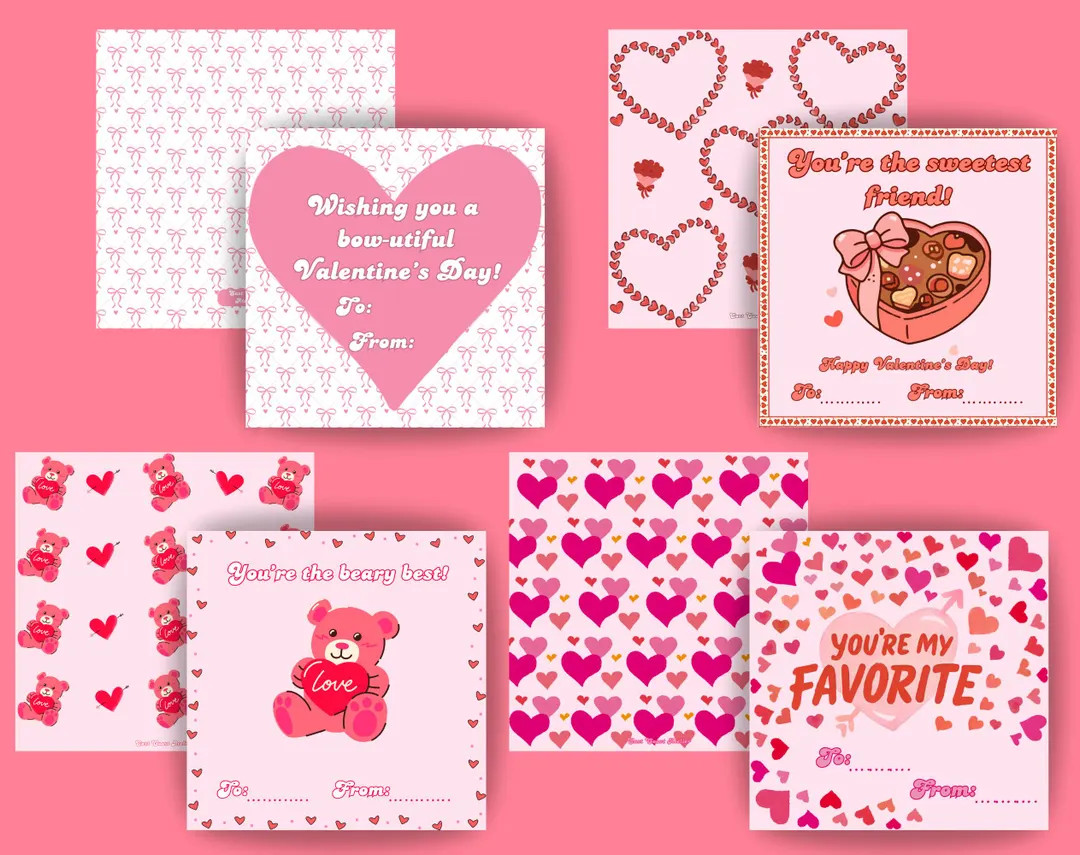 Kids Valentine's Day Cards | Hearts, Bows, Teddy Bears (digital Download) - Etsy | Etsy (US)