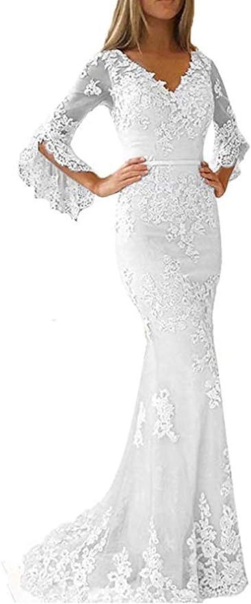 Fanao Women's V-Neck Mermaid Lace Applique Long Evening Gowns with Bell Sleeves | Amazon (US)