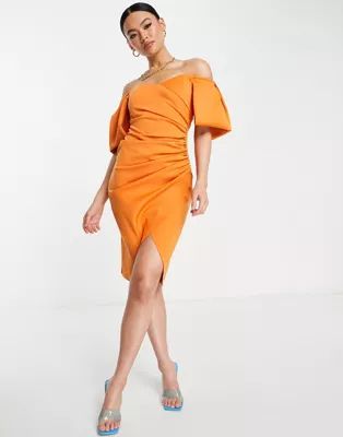 ASOS DESIGN sweetheart neck wrap tuck off shoulder bardot midi dress in orange | ASOS | ASOS (Global)