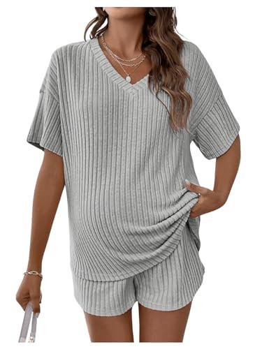 MakeMeChic Women's Maternity Pajamas Lounge Sets 2 Piece Outfits Short Sleeve Rib Knit Tops and Shorts Sets Pregnancy Clothes Grey Small | Amazon (US)