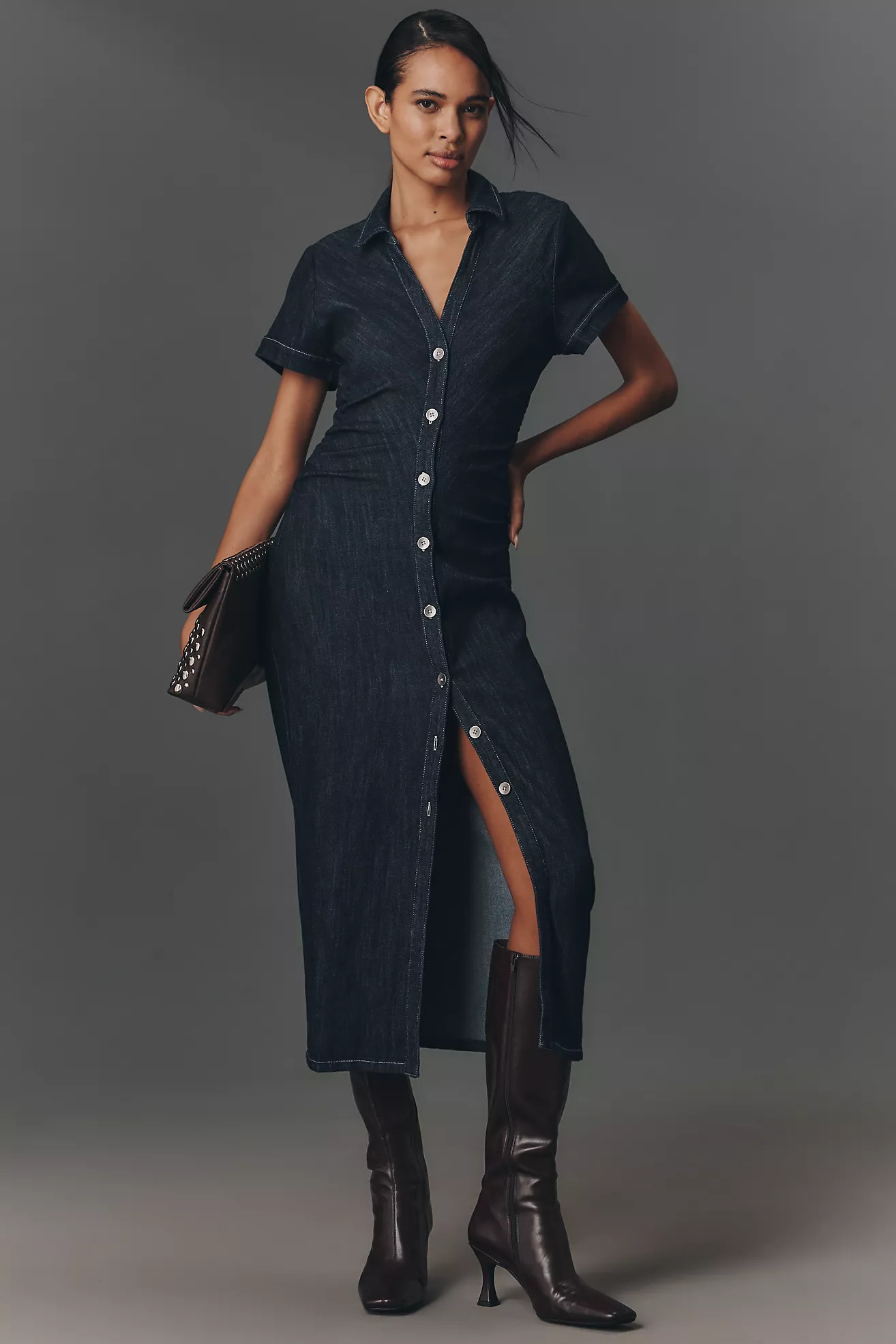 Pilcro Short-Sleeve Ruched Denim Midi Shirt Dress | Anthropologie (US)