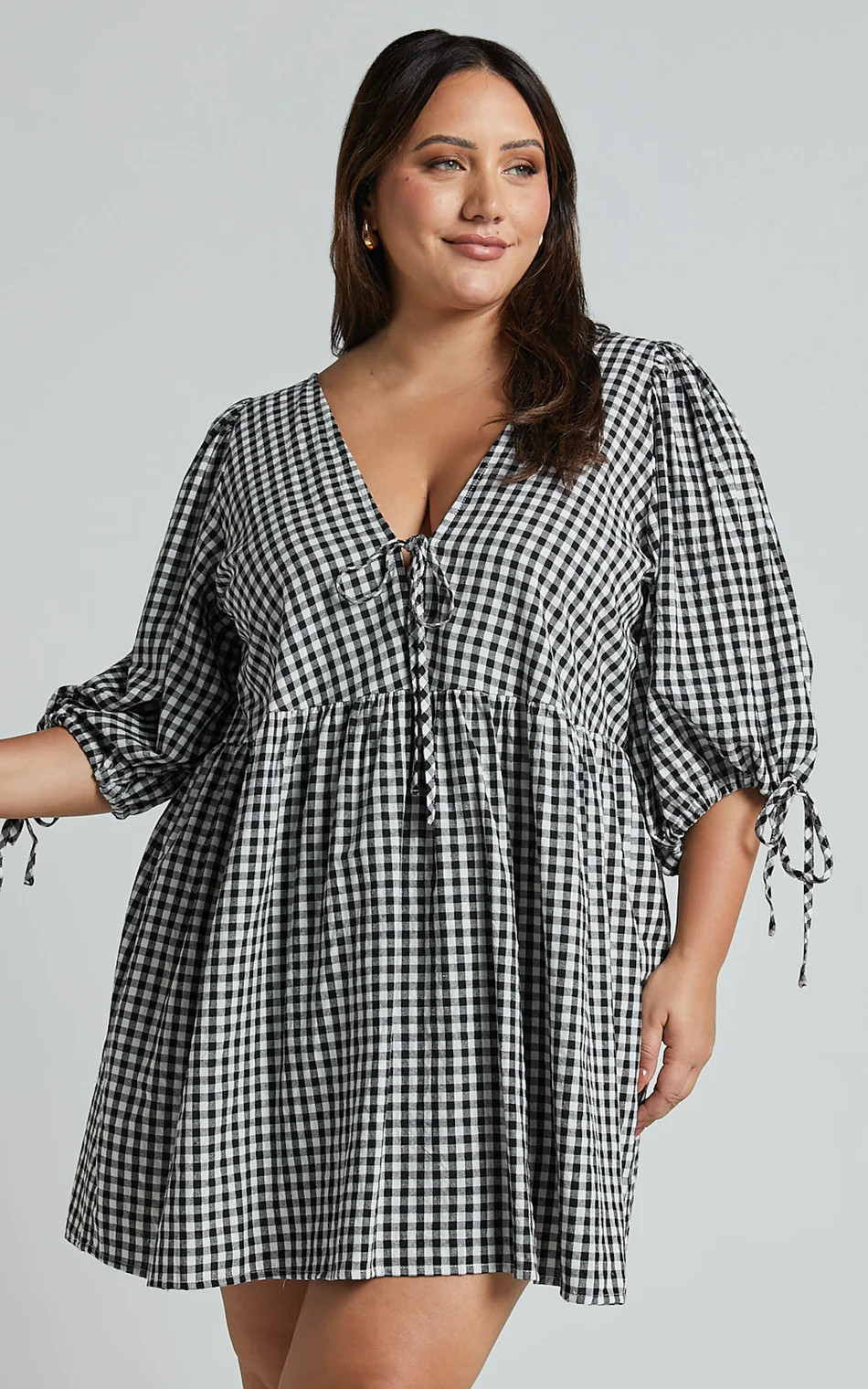 Rosita Mini Dress - Tie Front Puff Sleeve Dress in Black and White Check | Showpo (US, UK & Europe)