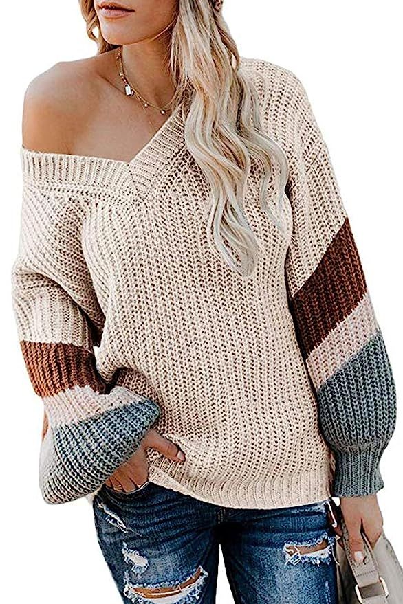 FAFOFA Women's V Neck Long Sleeve Striped Knitted Chunky Pullover Sweater | Amazon (US)