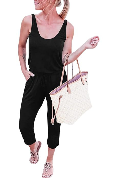 KIRUNDO Women's Summer Jumpsuits Casual Sleeveless Jumpsuit Drawstring Elasitic Waist Romper Pajama | Amazon (US)