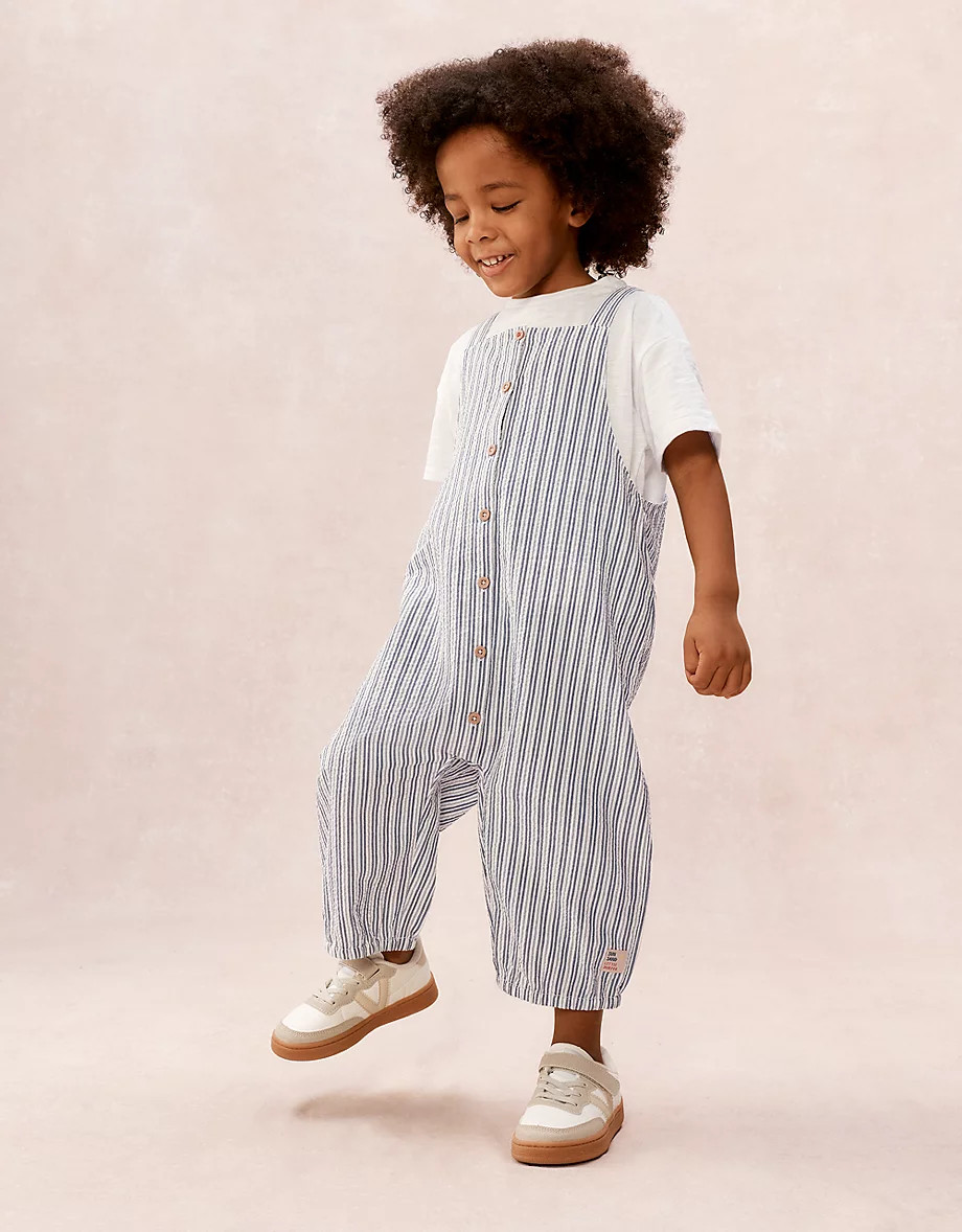 Organic Stripe Seersucker Dungarees & T-Shirt Set (0–4yrs) | The White Company UK & ROW