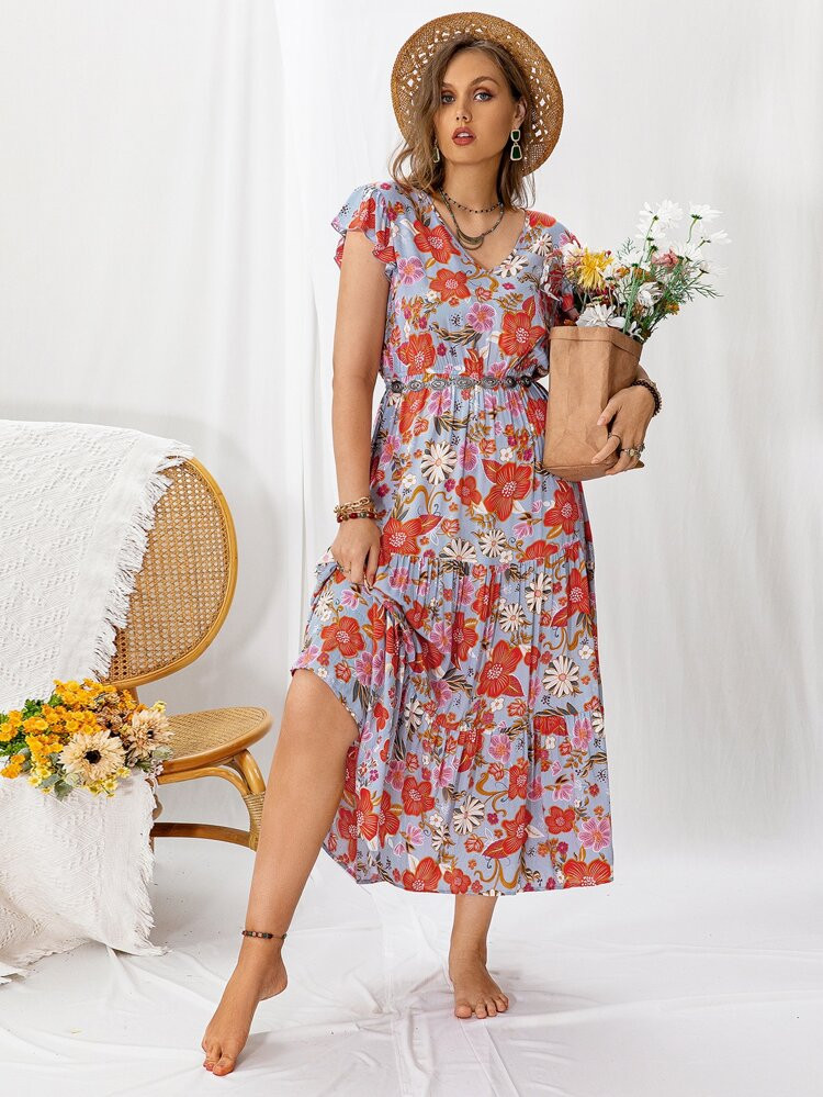 Rusttydustty Plus Floral Print Butterfly Sleeve Ruffle Hem Dress Without Belt | SHEIN