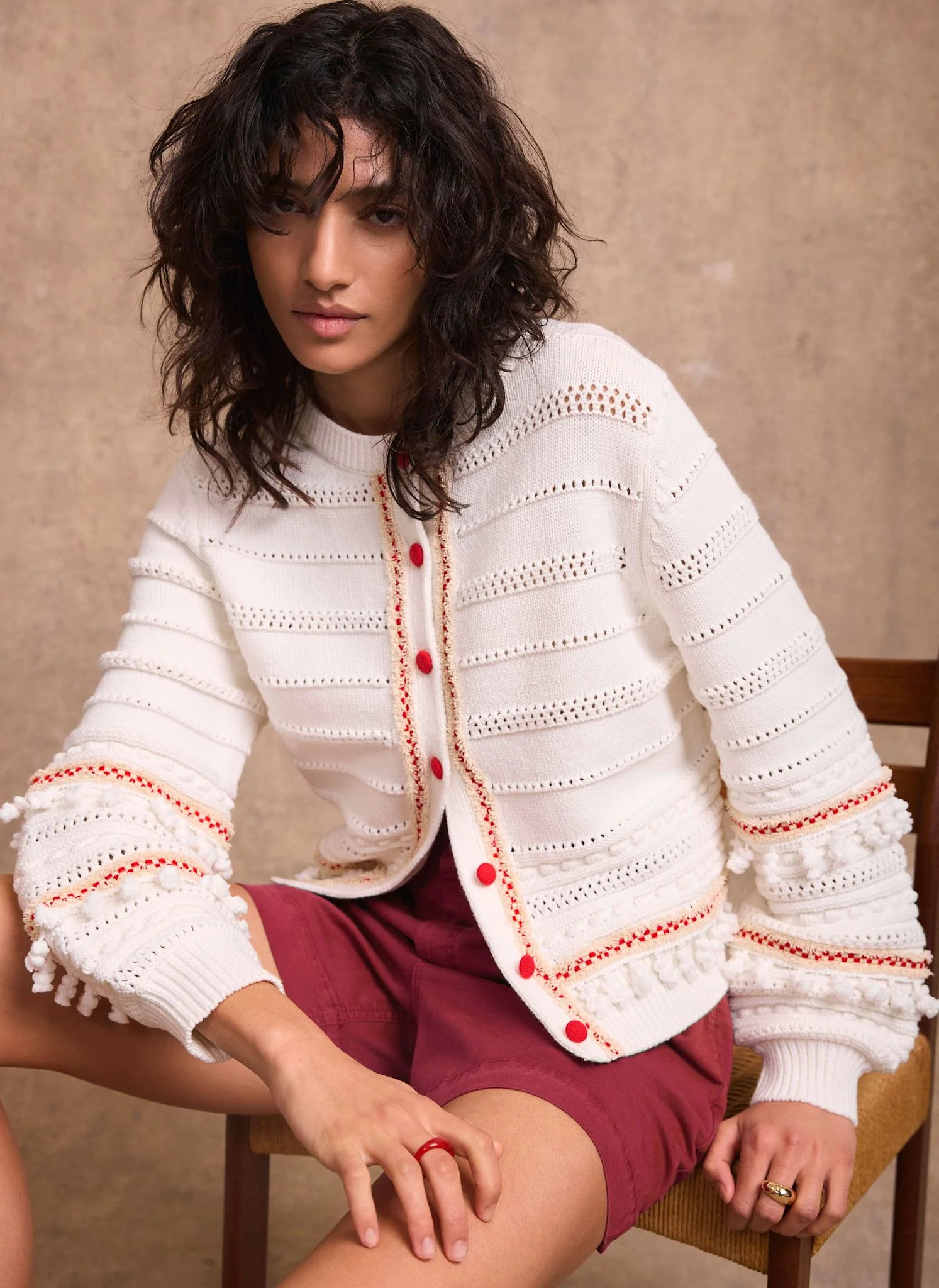 Cream Cotton Blend Tassel Cardigan | Mint Velvet