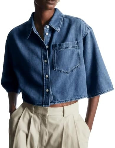 Tankaneo Womens Denim Top Shirt Half Sleeve Button Down Cropped Jean Jacket | Casual Jean Shirt, ... | Amazon (US)