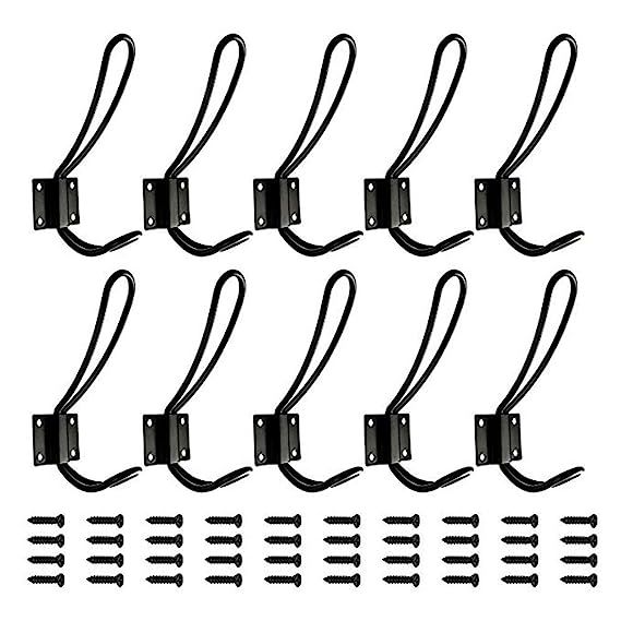 Rustic Entryway Hooks | 10 Pack of Black Wall Mounted Vintage Double Coat Hangers with Large Meta... | Amazon (US)