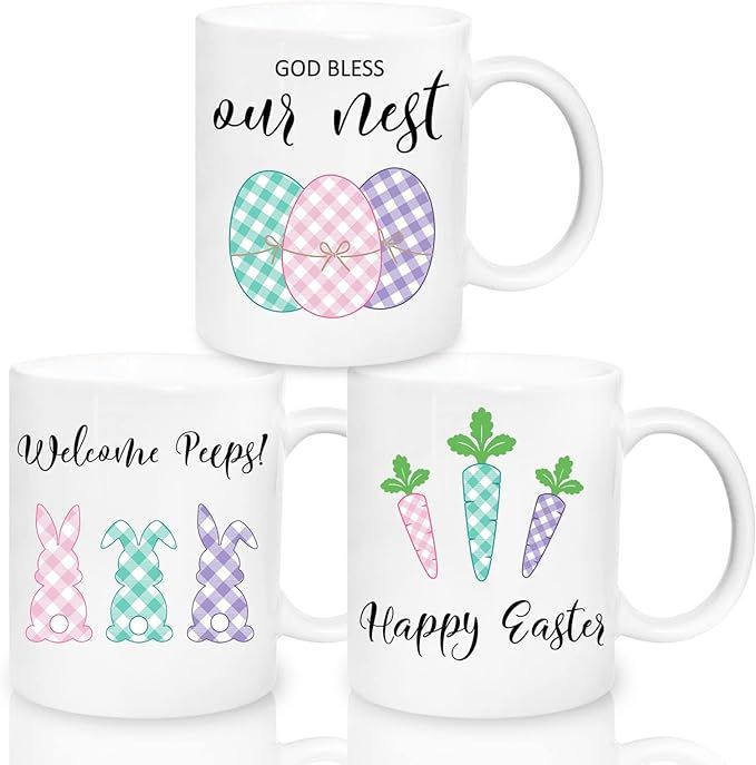 Whaline 3Pcs Easter Mug Set 12oz Cute Easter Egg Bunny Carrot Coffee Mug Happy Easter Plaid Ceram... | Amazon (US)