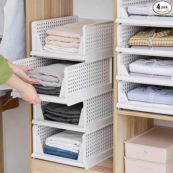 4 Pack Closet Basket Shelf Storage Bins Plastic Super Large Capacity Collapsible Kid Toy Rack Whi... | Amazon (US)