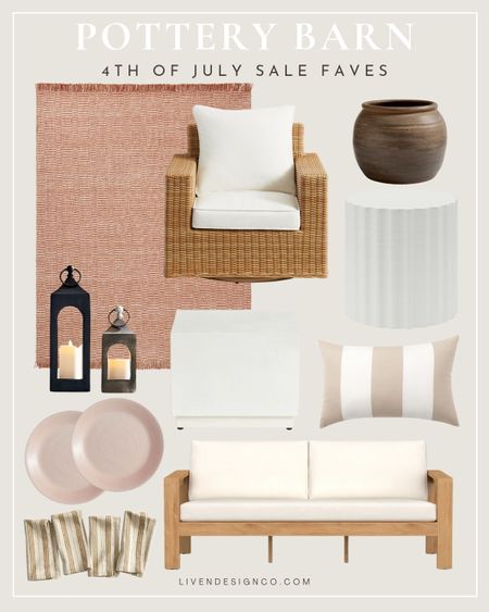 Pottery Barn 4th of July sale. Outdoor patio furniture. Patio decor. Wicker patio chair. Outdoor sofa. Outdoor lantern. Outdoor planter. Outdoor side accent table. Linen cloth napkins. Outdoor melamine dinner plates. Outdoor dining. Outdoor coffee table. Outdoor cabana stripe pillow. 

#LTKSeasonal #LTKSaleAlert #LTKHome