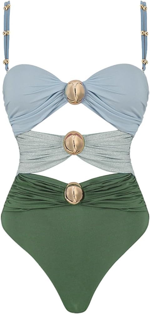 One Piece Swimsuits Women Elegant Ruched Cutout Sexy Spaghetti Strap Bathing Suits 2024 Trendy Su... | Amazon (US)