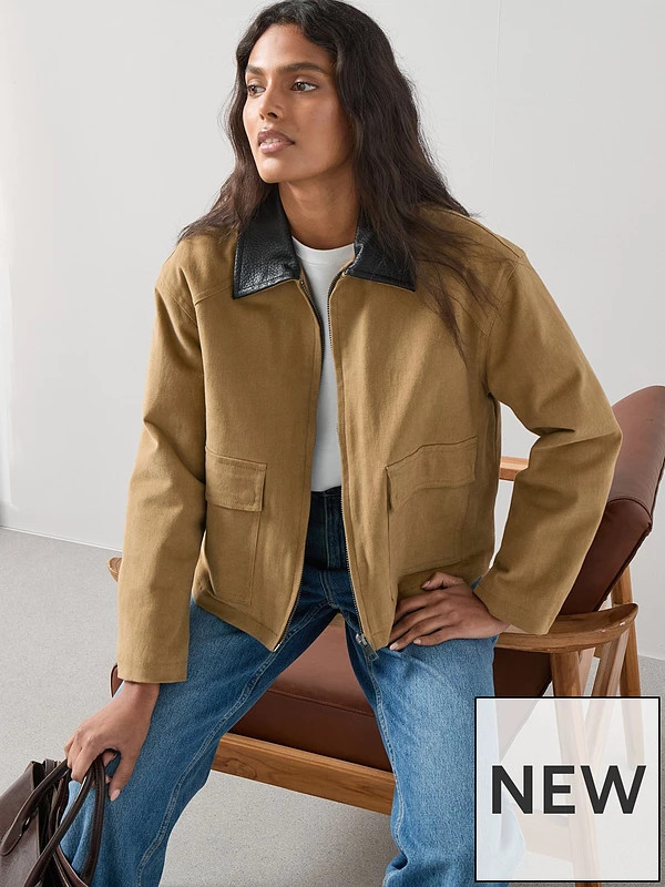 The Very Collection Contrast Collar Patch Pocket Barn Jacket - Beige | Very (UK)
