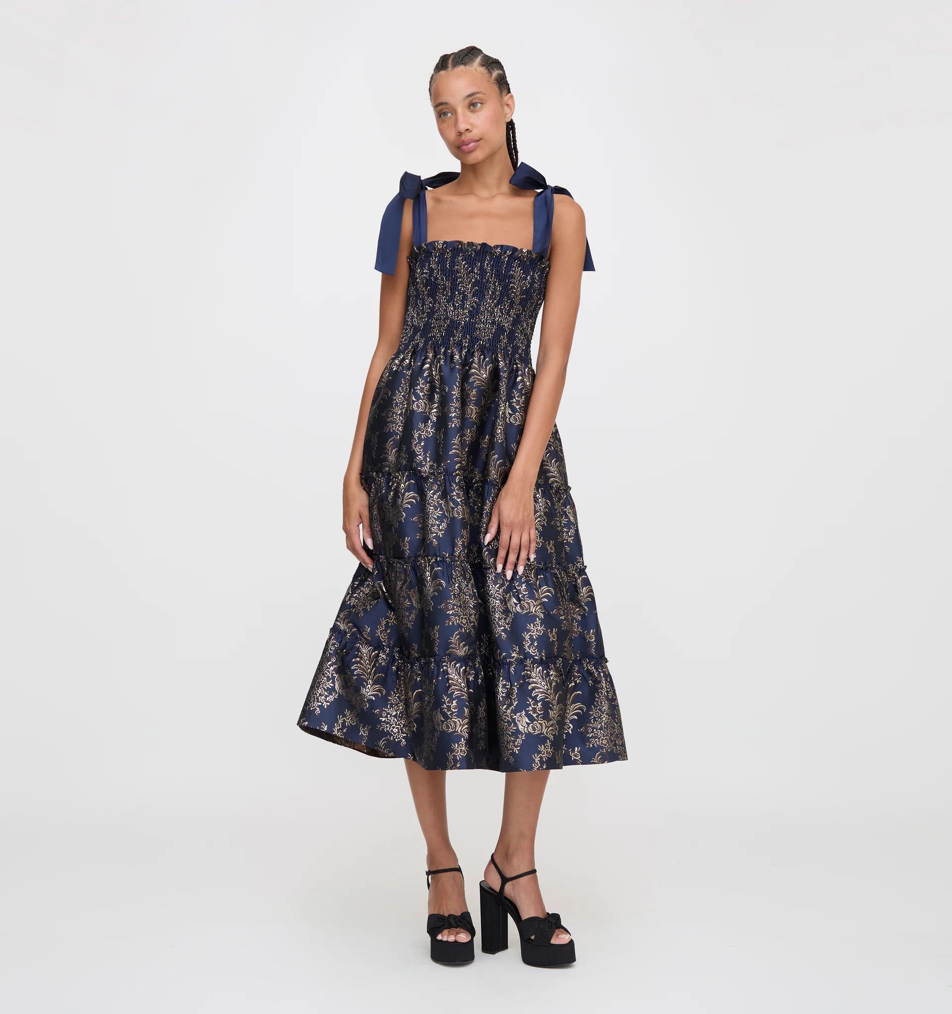 The Ribbon Ellie Nap Dress - Navy Bird Brocade | Hill House Home