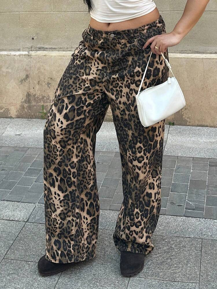 Dazy Plus Street Style Camouflage & Leopard Print Loose Wide Leg Long Jeans, Plus Size Women, All Season | SHEIN