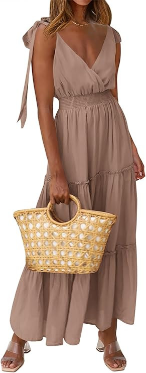 PRETTYGARDEN Women's Cross Neck Spring Sleeveless Tiered Maxi Dress Beach Tie Strap Smocked Long ... | Amazon (US)