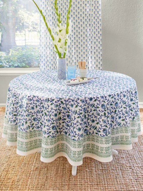 Moonlit Taj ~ Turquoise Elegant Floral Round Indian Tablecloth | Etsy (US)