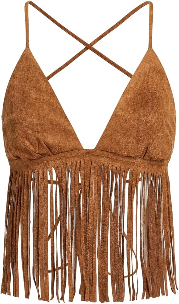 Verdusa Women's Crisscross Tie Backless Fringe Hem Sleeveless Satin Crop Cami Top | Amazon (US)