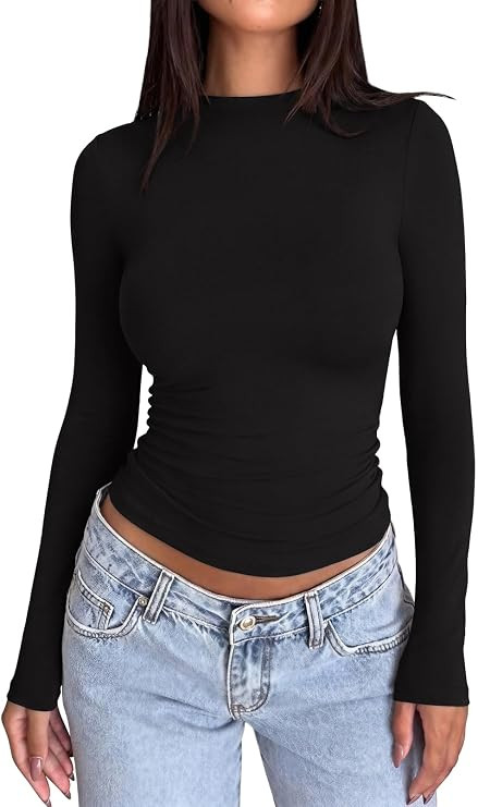 REORIA Women Mock Neck Double Line Slim Fit Ruched Tops for Business Casual | Ruched Waist, Tummy... | Amazon (US)